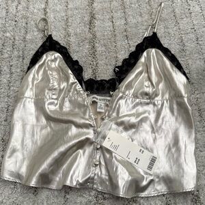 Urban Outfitters Silver Satin Crop Top with Black Lace